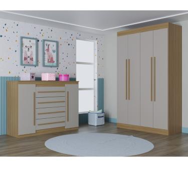Imagem de Quarto Infantil Guarda Roupa 4 Portas e Cômoda 4 Gavetas 2 Portas Lucca Poquema - Damasco/Off White