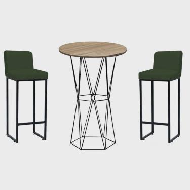 Imagem de Kit Mesa Bistrô Flork e 2 Banqueta Lucca Alta Com Encosto Bar Gourmet Tampo Madeira Ferro Preto Suede Verde Musgo - Ahazzo Móveis