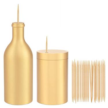 Imagem de UPTALY 2 unidades de dispensadores de palito de dente 100% latão (forma de garrafa + forma cilíndrica), recipiente espesso para palitos de dente (cor dourada), caixa de armazenamento de palito de dente de cobre, frasco decorativo para palito de dente