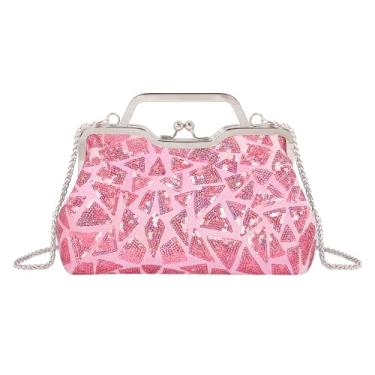 Imagem de Naimo Bolsa feminina de lantejoulas para noite Kiss Lock, alça superior, bolsa de ombro com corrente, rosa