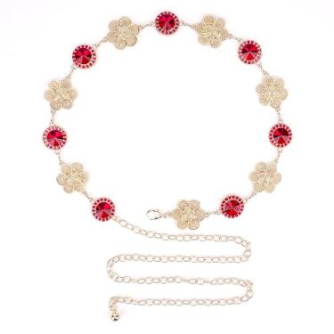 Imagem de Linkidea Cinto de corrente plus size para mulheres, cinto dourado e vermelho, corrente corporal grossa ajustável de 128 cm para vestidos, festas, roupas casuais, acessório de joias (estilo trevo de