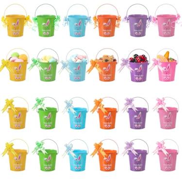 Imagem de Teenyyou 24 mini baldes de metal de Páscoa com alça e 60 fitas coloridas para lembrancinhas de festa, baldes de decorações de Páscoa para caçar ovos de Páscoa, doces, jardins, vasos de flores