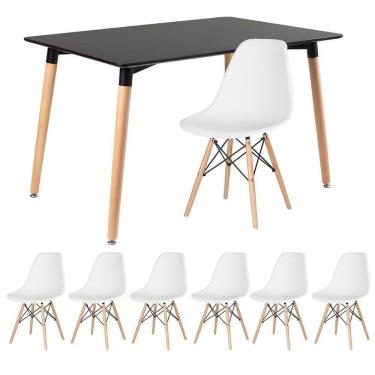 Imagem de Mesa De Jantar Retangular Eames 80 X 120 Cm Preto + 6 Cadeiras Eiffel Dsw Branco