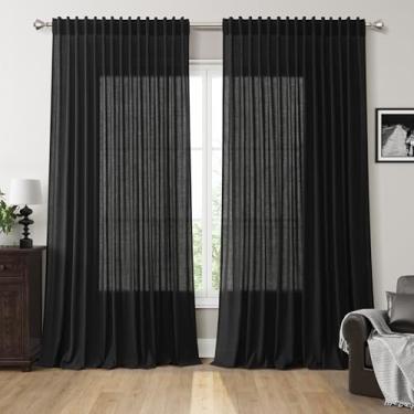 Imagem de Cortinas pretas grandes para janela, filtro de luz, semitransparente, privacidade, cortina texturizada de linho para pátio, porta de vidro deslizante, cortinas rústicas extra largas para casa de