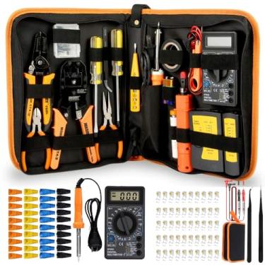 Imagem de LEATBUY-TECH Leatbuy Cat5/Cat6 Crimping Tool Rj45 Crimp Tool Set Para Plugs Alicates Conectores Regulares 50Pcs, 50Pcs Covers Network Wire Stripper Kit Ethernet Punch Down Crimper Cutter (Laranja)