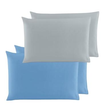 Imagem de Kit 4 Fronhas (2 Pares) 100% Algodão Em meia malha fio 30/1 para travesseiro 70 x 50 cm (Azul+Cinza)