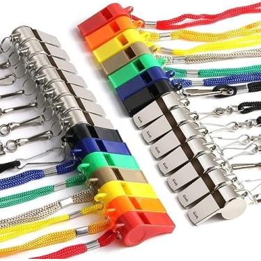 Imagem de SANNIX Pacote com 28 apitos de treinador com cordão de plástico e aço inoxidável apitos a granel para basquete, futebol, academias de emergência