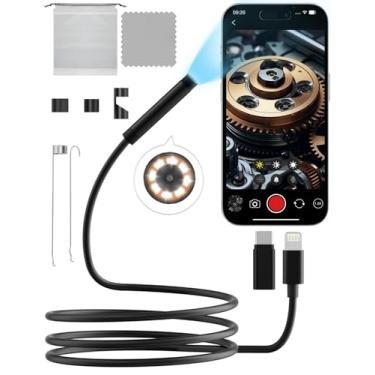 Imagem de Câmera endoscópica com luz HD 1920p, cobra semirrígida de 1,8 m, 8 mm de luz LED, câmera de inspeção à prova d'água IP67 de 8 mm para iOS