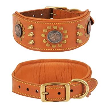 Imagem de DowgClub | Coleira para cães de couro genuíno da série Punk | Grão integral, grau sela, resistente | Luxo, elegante, confortável, melhor para raças médio, grande, GG | (GG (tamanho do pescoço 56 - 65,7 cm), bronzeado)
