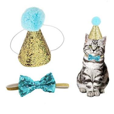 Imagem de Conjunto de chapéu de cone e gola borboleta para festa de aniversário para animais de estimação, ajustável e pompons para cães pequenos e gatos (azul claro)