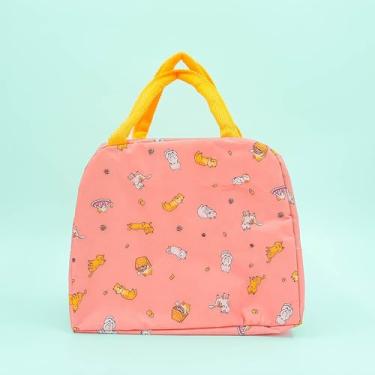 Imagem de Bolsa Térmica para Marmita, 23x20x11cm, Rosa com Estampa de Gatinhos, Alça Amarela