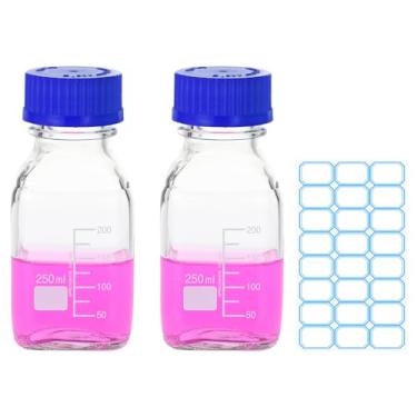Imagem de PATIKIL Pacote com 2 frascos de armazenamento de mídia reagente, garrafas redondas graduadas de vidro borossilicato de 250 ml com tampa de rosca azul GL32 para líquidos de água de laboratório