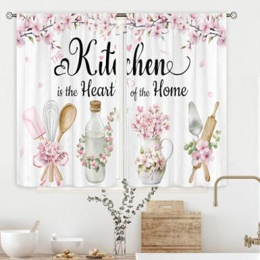 Imagem de Cinbloo Cortinas de cozinha com flores rosas rústicas 79,5 x 99 cm altura bolso haste flor de cerejeira Sakura floral café cortinas arte impressa utensílios de cozinha pequena sala de estar quarto