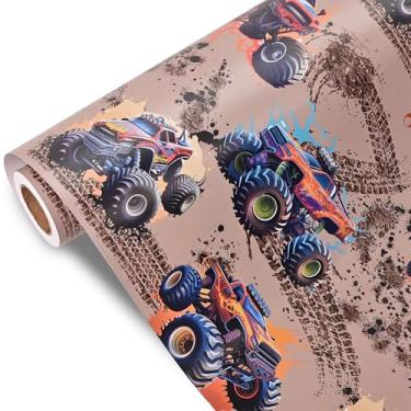 Imagem de Dtiafu Rolo de papel de embrulho Monster Truck para meninos e crianças - Monster Truck com fogo, embrulho de presente de carro de corrida para aniversário, chá de bebê, festa de feriado - 43 cm x 6 m