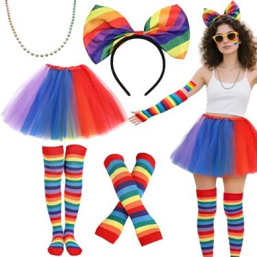 Imagem de Pride Rainbow Outfit Accessories for Women - 5 PCS Rainbow Tutu Skirt Bowknot Headband Beads Necklace and Thigh Highs Stockings Arm Warmer Set for LGTBQ Bisexual Gay Pride Day Parade Cosplay Accessory