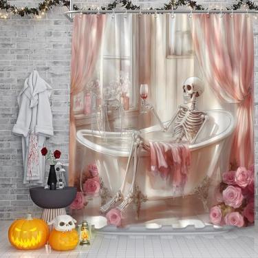 Imagem de AEMBEE Cortina de chuveiro engraçada caveira vintage rosa fantasma gótico esqueleto assustador banheira floral Halloween 177,8 cm L x 170 A cortinas decorativas de banheiro com ganchos, azul-petróleo
