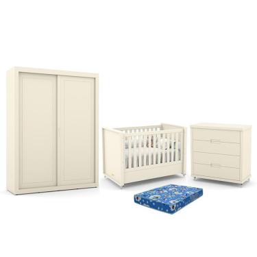 Imagem de Dormitório Tutto New 2 Portas, Cômoda 4 Gavetas E Berço Off White Com Colchão - Matic Móveis Off White