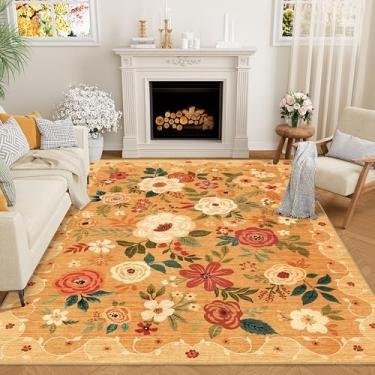 Imagem de DUKINO Tapete de área de 15 x 23 cm, tapetes florais para sala de estar, tapete lavável e antiderrapante, tapetes internos com design boho para quarto, sala de estar, sala de jantar, laranja