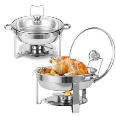 Imagem de Conjunto de 2 pratos de fricção para buffet, buffet de aço inoxidável de 5 QT, aquecedores de alimentos redondos com tampa de vidro e suporte de tampa para festas, reuniões, eventos, banquete de