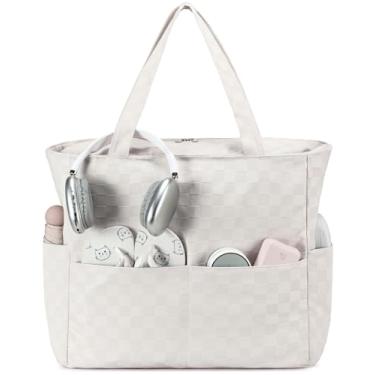 Imagem de Sacola de praia à prova d'água para mulheres, mulheres, extragrande, bolsa de ginástica, bolsa de mão com compartimento molhado para viagens de fim de semana, Grade bege, X-Large, E2032