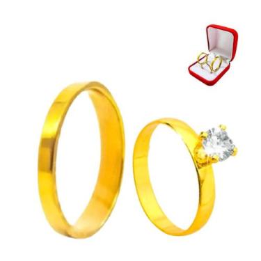 Imagem de Anel Comprommisso 3mm Quadrado Dourado Noivado + Anel Solitario 2mm Do