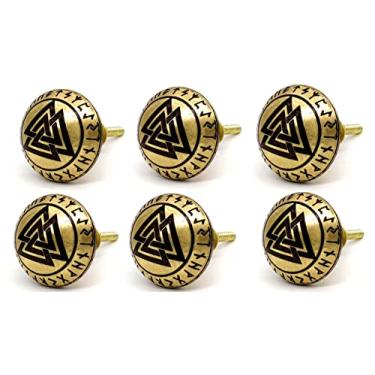 Imagem de Pacote com 6 maçanetas de latão Odin feitas à mão, decoração Viking, maçanetas de armário de latão para maçanetas de armário de cozinha | Porta de armário de quarto, puxadores de gaveta desgastados