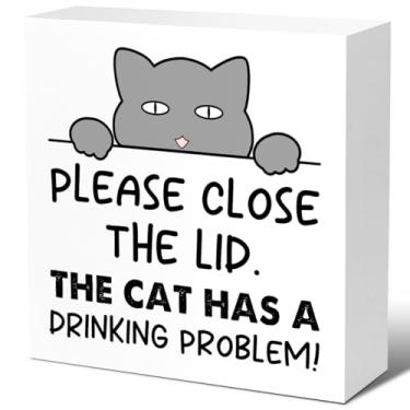 Imagem de Placas engraçadas de bloco de madeira para gatos de pelo curto britânico, feche a tampa, o gato tem um problema com a bebida, placa de caixa de madeira rústica para banheiro, prateleira, banheiro