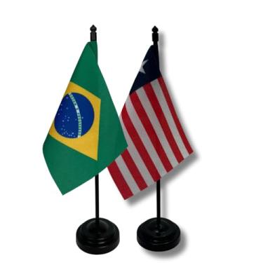 Imagem de Kit Bandeiras de Mesa Brasil e Libéria, Base e Haste em Plástico Preto, Tecido Oxford, Uma Face