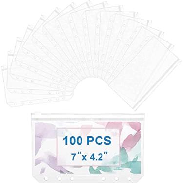 Imagem de QiXin 100 bolsos para fichário A6, 6 furos, pastas com zíper, sacos de folha soltos de PVC transparente para cartões, envelopes de dinheiro para orçamento e fichário, sacos de arquivo de documentos impermeáveis para cadernos de 6 anéis, inserções de agenda