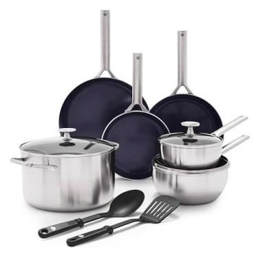 Imagem de Blue Diamond Cookware Conjunto de panelas e frigideiras de aço inoxidável triplo seguro para indução de 11 peças