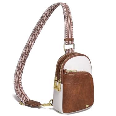 Imagem de INICAT Bolsa tiracolo de couro com bloqueio RFID para mulheres, pochete transversal para mulheres, bolsa de peito para viagem, 1,9 L, Branco Marrom Antifurto