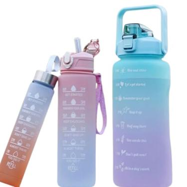 Imagem de Kit 3 Garrafas Motivacionais 3 em 1 – Garrafa de Água com Marcações, Tampa com Canudo, Alça e Trava – 2 Litros – Ideal para Academia, Esportes, Trabalho e Rotina Saudável