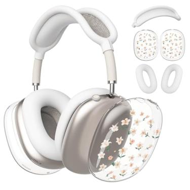 Imagem de BlHMCASE Capa de fone de ouvido para AirPods Max, lindas capas de fones de ouvido com flores florais transparentes, capa de silicone branca para fones de ouvido para Apple AirPods Max