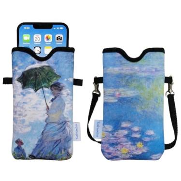 Imagem de Tainada Bolsa de neoprene masculina e feminina com alça transversal/cordão de pescoço para iPhone 16/15/14 Pro Max, 16/15/14 Plus, Samsung S25, A55, Google Pixel 9 (Monet Water Lilies)