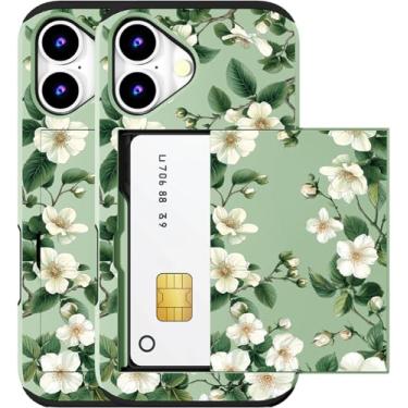 Imagem de MUQR Capa compatível com iPhone 16 Plus com porta-cartão fofo - Design Kawaii, proteção contra quedas de grau militar, capa carteira robusta para mulheres (flores de magnólia verde florais)