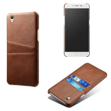 Imagem de Capas Compatível com OPPO R9,Caso de couro PU-Tampa de telefone a prova de choque com 2 slots de cartão,Proteção anti-impressão digital e anti-gota-Brown