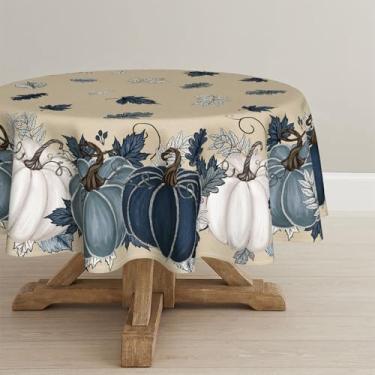 Imagem de Horaldaily Toalha de mesa redonda de outono de 152 x 152 cm, toalha de mesa sazonal lavável floral de abóbora azul para decoração de festa, piquenique, jantar