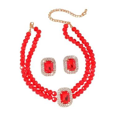 Imagem de Dtja Conjunto de colar e brinco de gargantilha retangular de cristal com 2 peças, joia de declaração para mulheres, brincos de zircônia cúbica para fantasia de baile de casamento, 38 cm, 5 cores