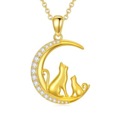 Imagem de UXQ Colar feminino de ouro 14K com pingente de lua em ouro maciço para mãe, filha, gato, joias para mãe, aniversário, presentes de Natal para mãe, avó, esposa