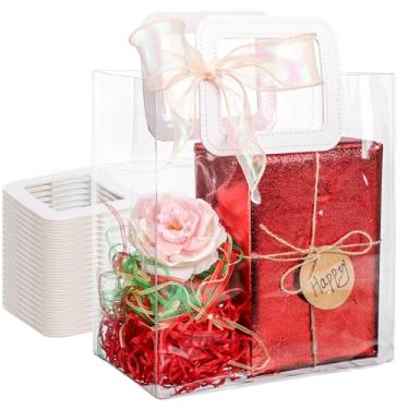 Imagem de EUSOAR Sacos de presente transparentes com alças, 20 peças de 25,4 x 15,2 x 28 cm, sacola de presente a granel de PVC com fita de champanhe, sacola de plástico para presente de equipe, bolsa de flores