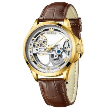 Imagem de OLEVS Relógio automático masculino moderno, esqueleto, corda automática, couro mecânico, relógios de pulso masculinos, mostrador grande, fácil leitura, negócios, luxuoso, masculino, luminoso, à prova