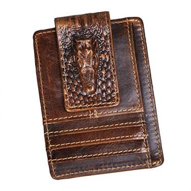 Imagem de Le'aokuu Carteira fina e prática de couro genuíno com clipe para dinheiro e cartão de crédito, Rfid em relevo de crocodilo café, 1