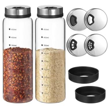 Imagem de 2 saleiros e pimenteiros grandes, garrafas de vidro de 500 ml com orifícios ajustáveis, dispensadores de especiarias com bases de silicone antiderrapantes, potes de tempero com tampas de aço rotativas
