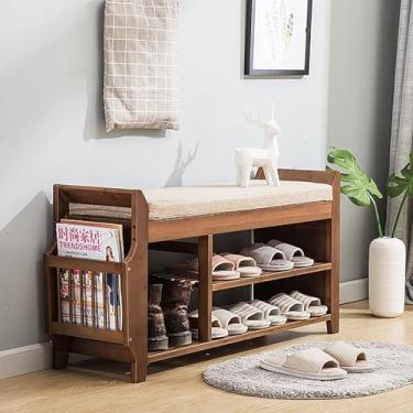 Imagem de Sapateira De Entrada De 3 Andares Em Bambu Natural Com Gaveta Oculta - Banco De Armazenamento Rústico Assento Armário De Sapatos, Large, 98.5x49.5x29.5cm(39x19x12inch)