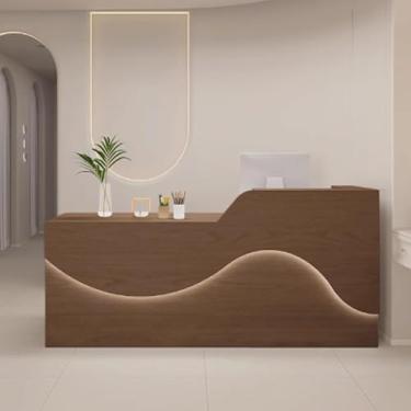 Imagem de Mesa De Recepção Com Balcão Balcão De Recepção Balcão De Recepção Mesa De Balcão De Escritório Em Madeira De Engenharia Com Iluminação Suave E Relaxante, White+dark Natural, 120cm