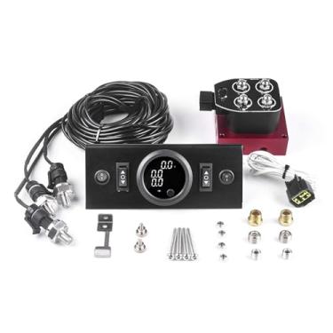 Imagem de Controlador Air Ride Válvula Solenoide Controlador de Bolsa Coletor Air Ride 1/4 NPT 0-200Psi 12V Controle Air Bag Suspensão Vermelha (4 Válvulas + Controlador + 3 Manômetro Branco)