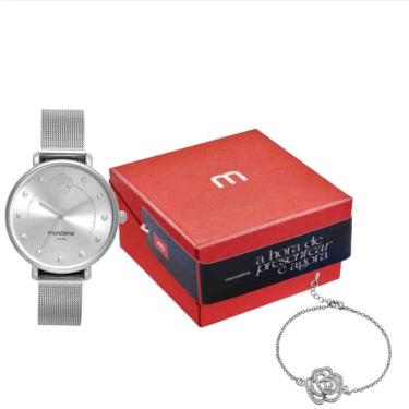 Imagem de Kit Relógio + Pulseira Flor Mondaine Prata Feminino 32737L0MKNE2K1