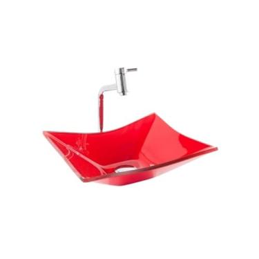 Imagem de Kit com Cuba Retangular De Vidro P/Banheiro Lavabo Apoio + Válvula Click + Torneira Link(Vermelho)