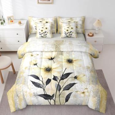 Imagem de Erosebridal Conjunto de cama casal de 7 peças, pintura a óleo abstrata, rústico, casa de fazenda, em uma bolsa, aquarela, margaridas, conjunto de edredom com lençóis, amarelo ombré, para mulheres e