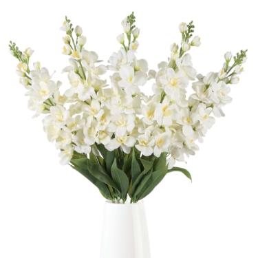 Imagem de Uznaeoi 5 peças de flores artificiais Delphinium brancas, veludo seda larkspur 95 cm de altura, haste longa, flores brancas falsas para vasos, centros de mesa, casamento, arranjos de chão, decoração